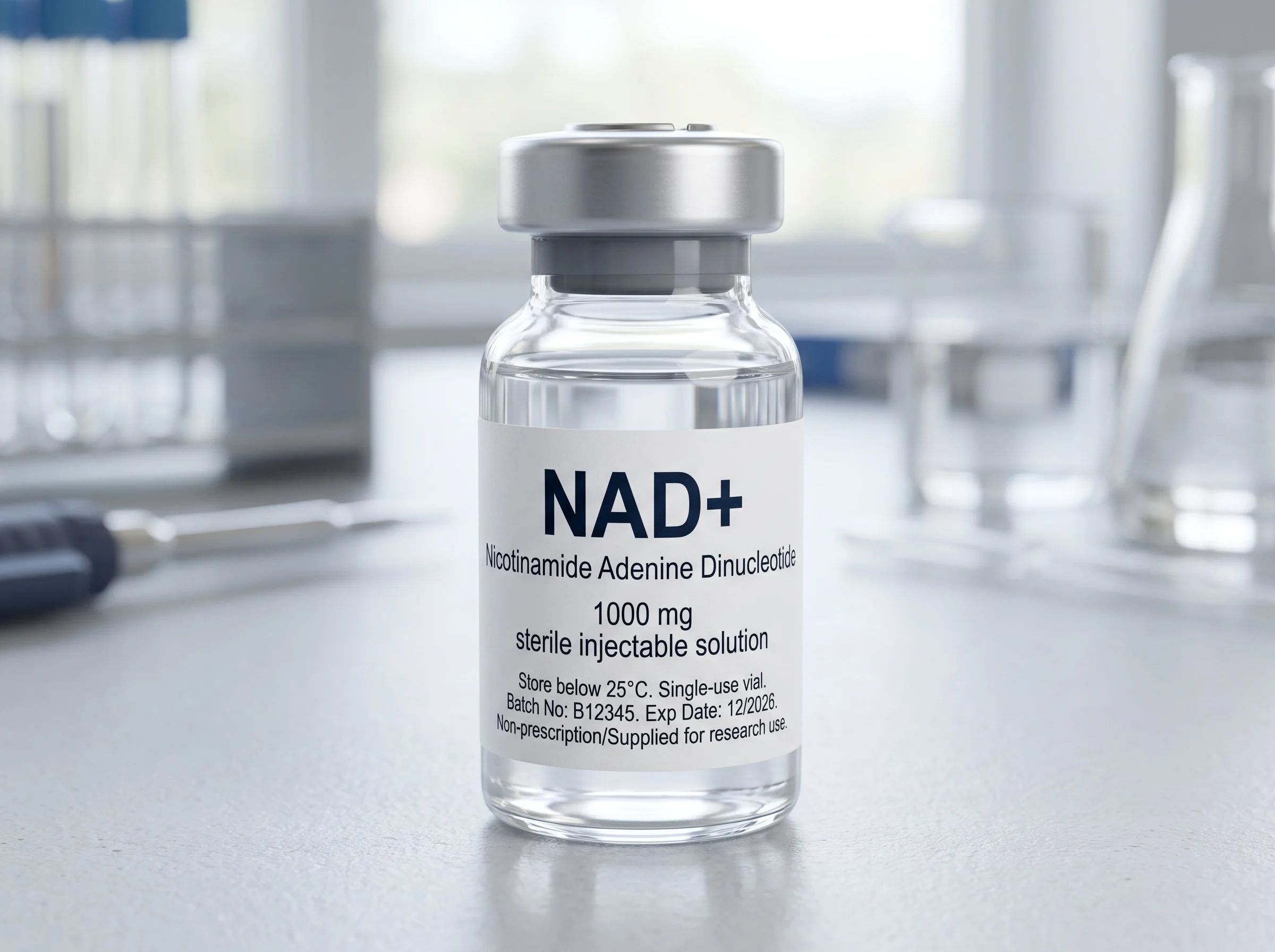 A small clear glass vial labeled 'NAD+' containing a transparent liquid, in a bright laboratory setting.
