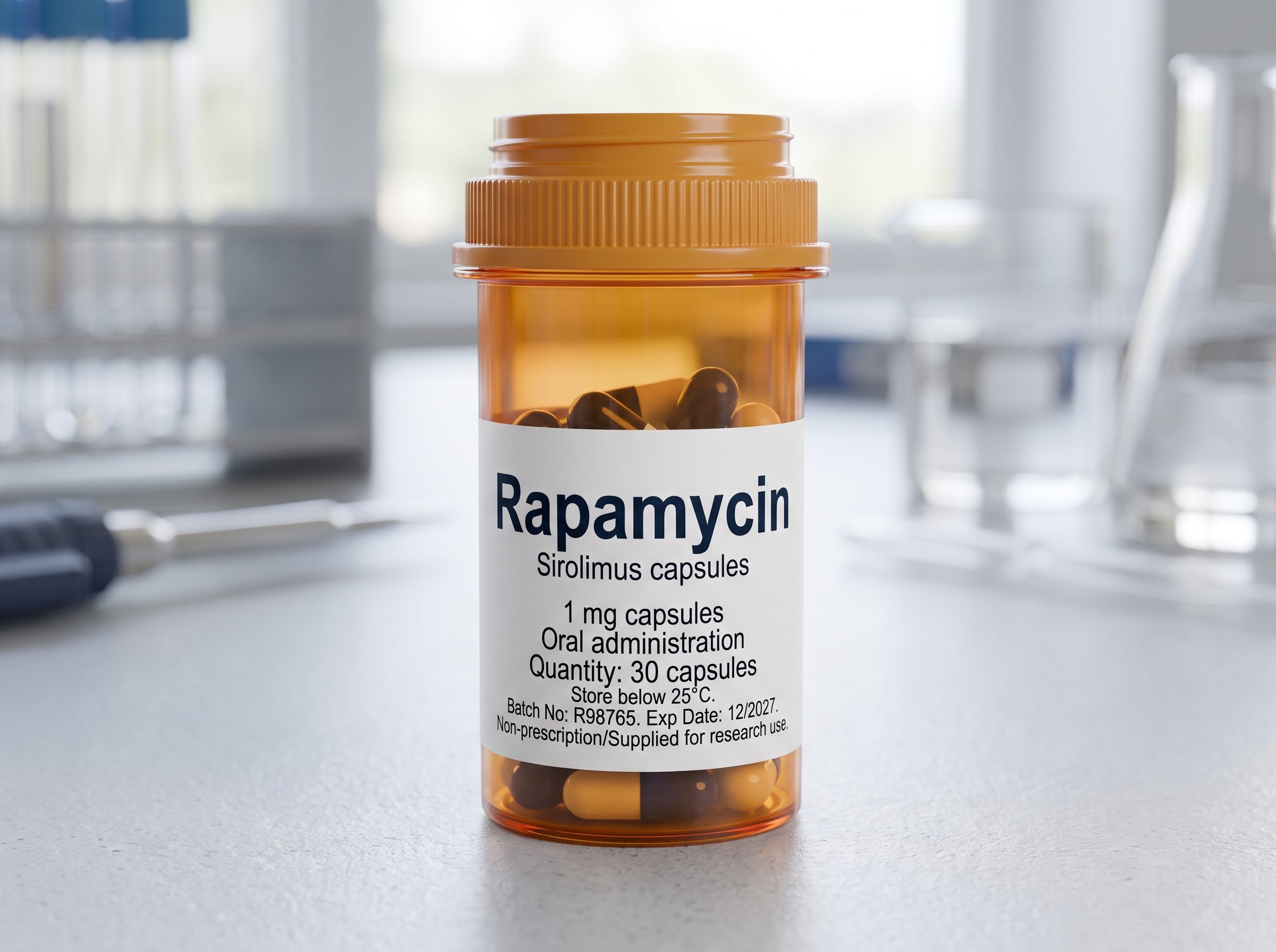 An orange prescription bottle labeled Rapamycin with pills inside, placed on a white surface in front of a blurred background of a laboratory or medical setting.