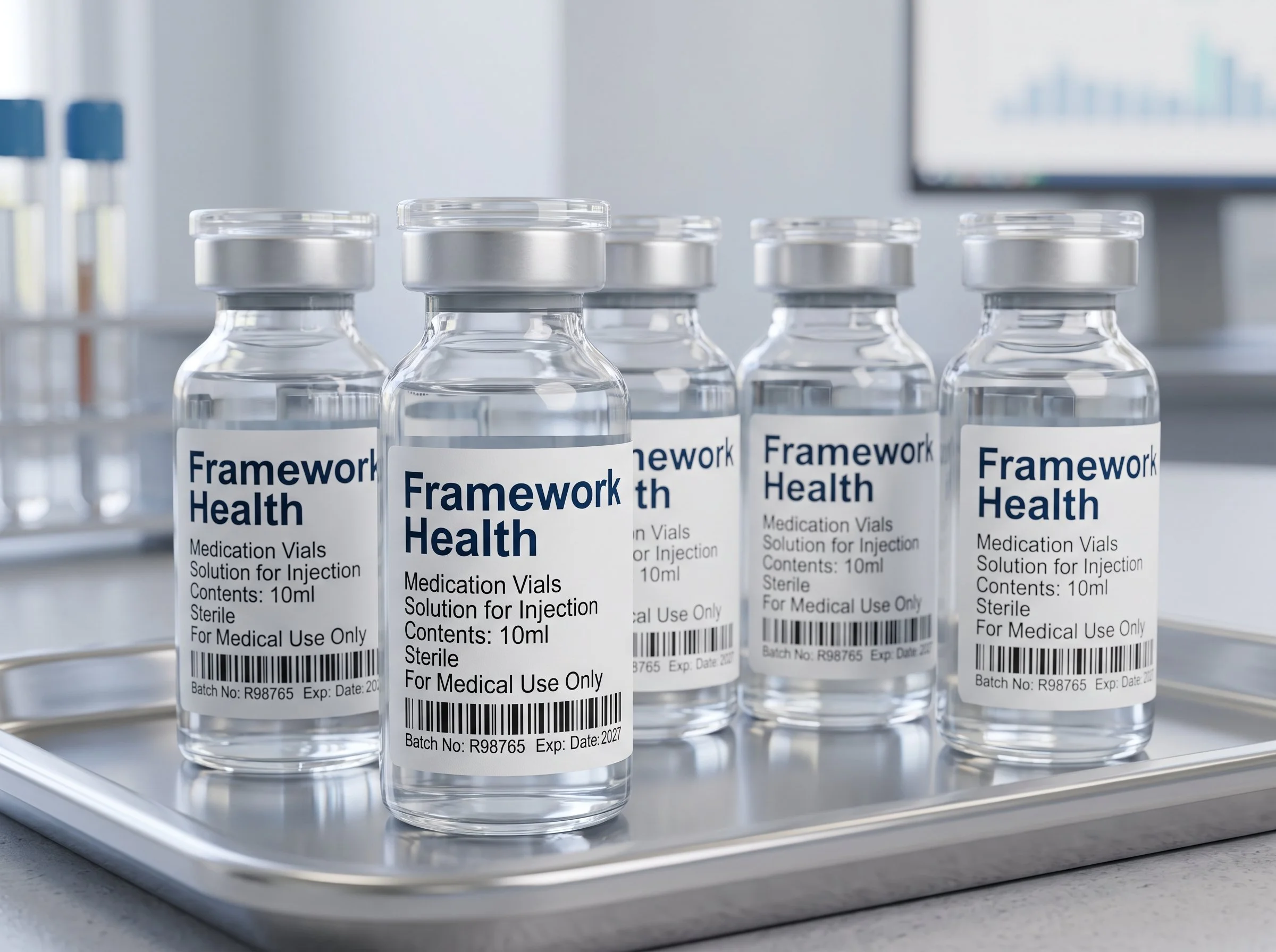 A row of clear glass medication vials labeled 'Framework Health' with barcode stickers, placed on a white tray in a medical or pharmaceutical setting.