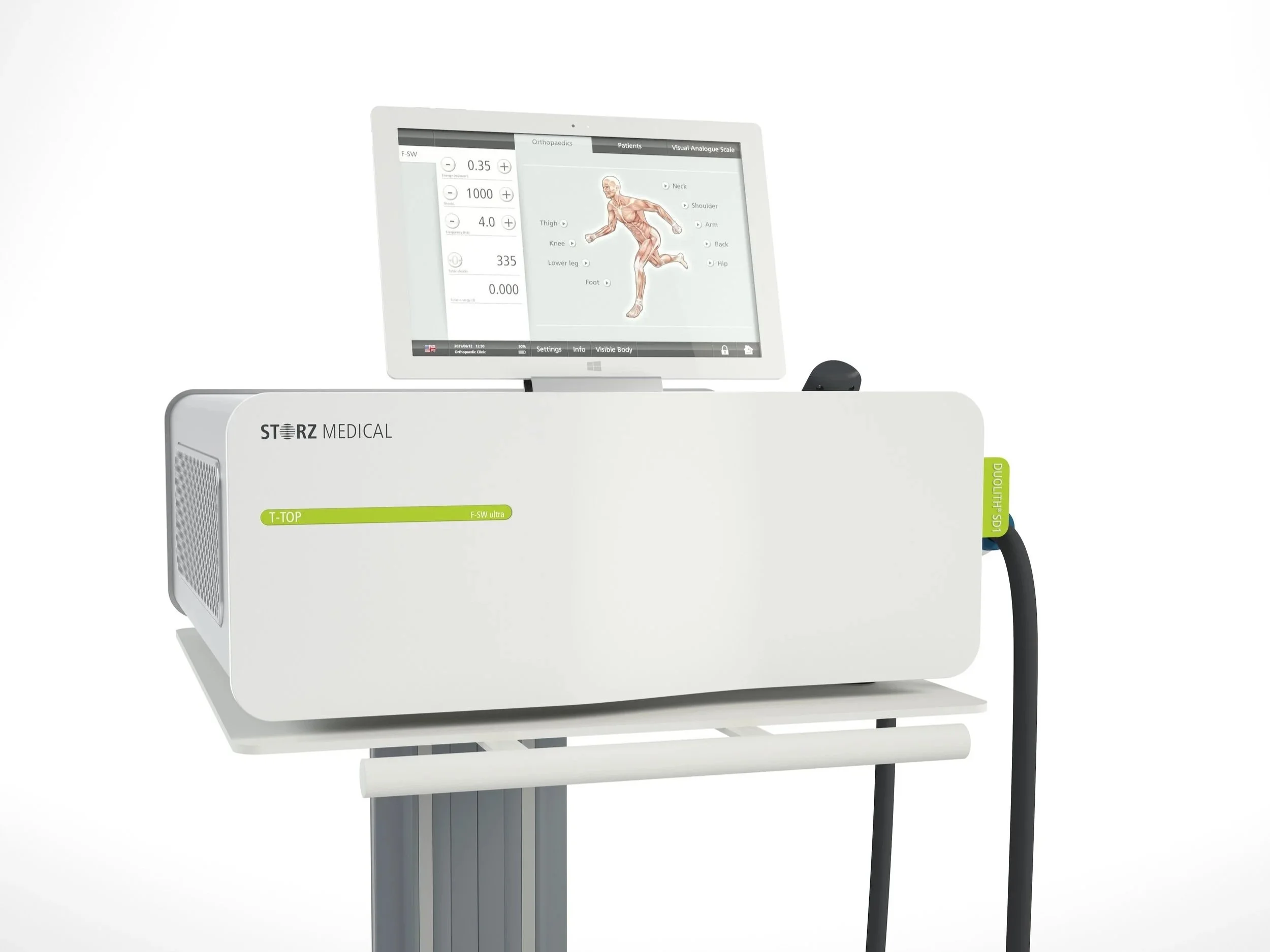 Medical device with a computer screen showing a human anatomy diagram and settings, connected to a machine labeled STORZ Medical.