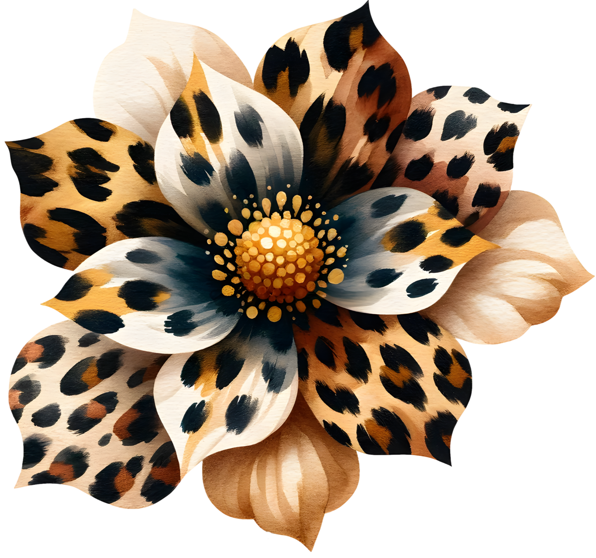 A close-up of a flower with petals painted in a leopard print pattern, showing spots in shades of black, brown, and beige.