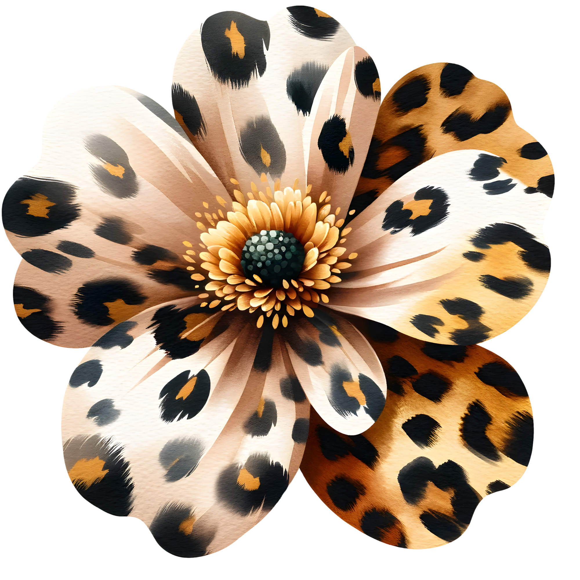 Close-up of a multi-colored leopard print flower with petals featuring black, white, tan, and orange spots, set against a black background.