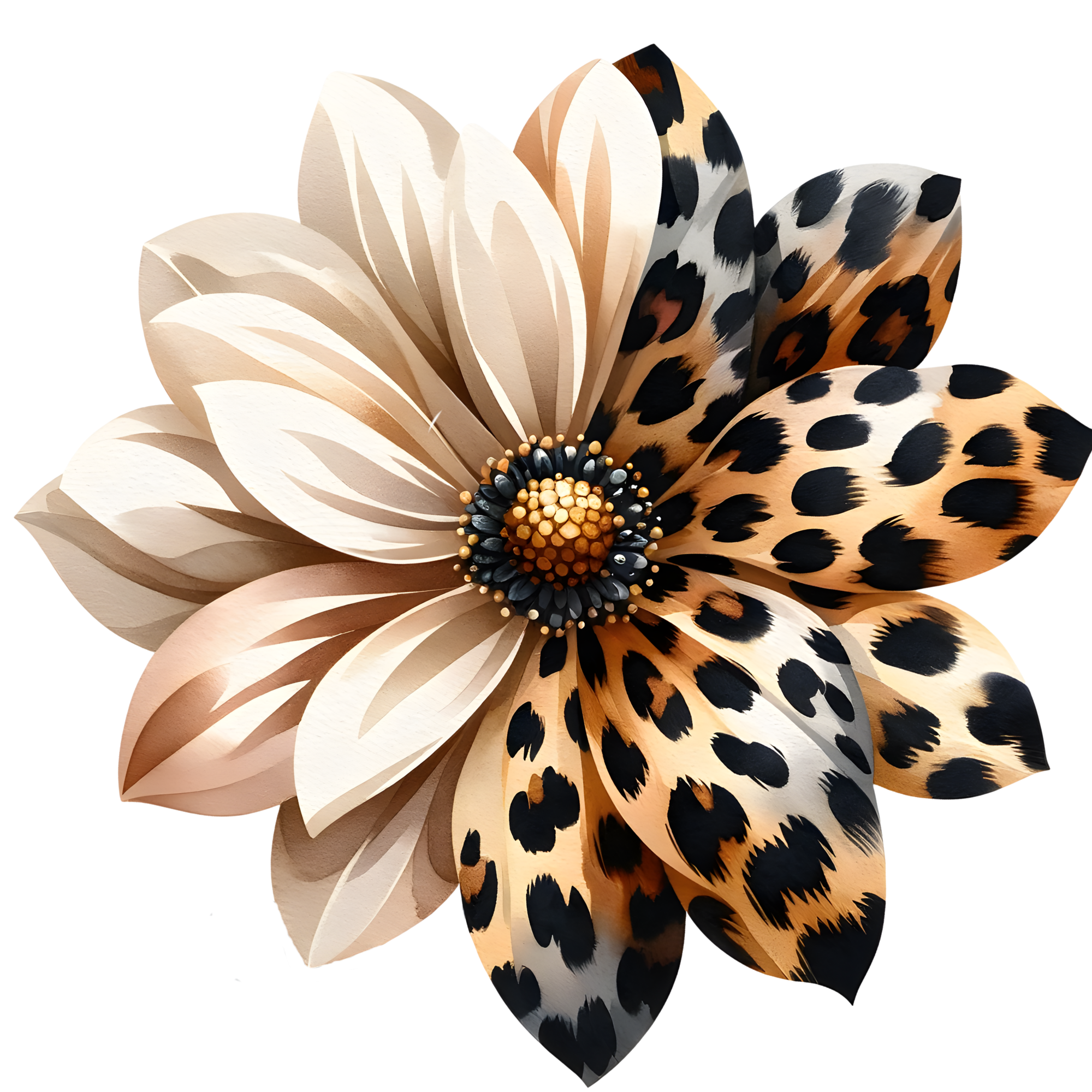 Decorative flower sculpture with leopard print petals and detailed center, set against a colorful background.