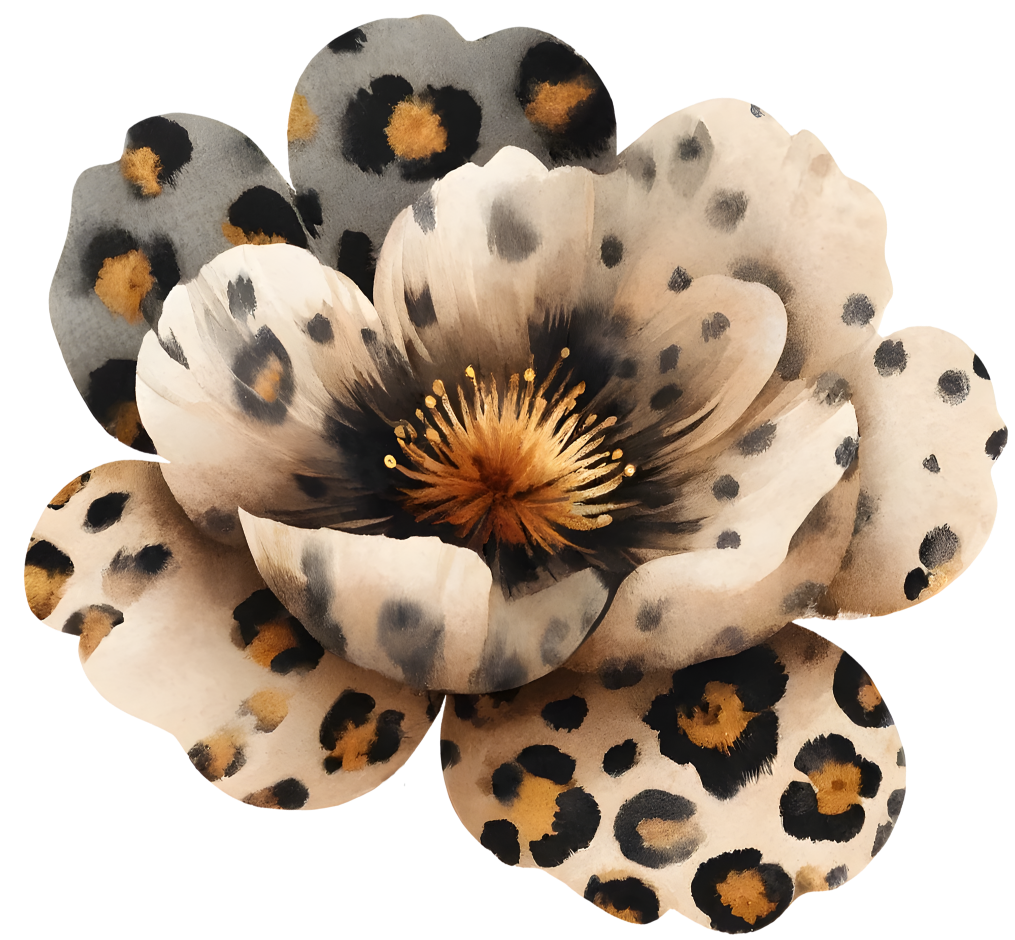 A close-up of a realistic floral sculpture resembling a flower with black, white, and orange spotted petals, and a detailed center with yellow stamens.
