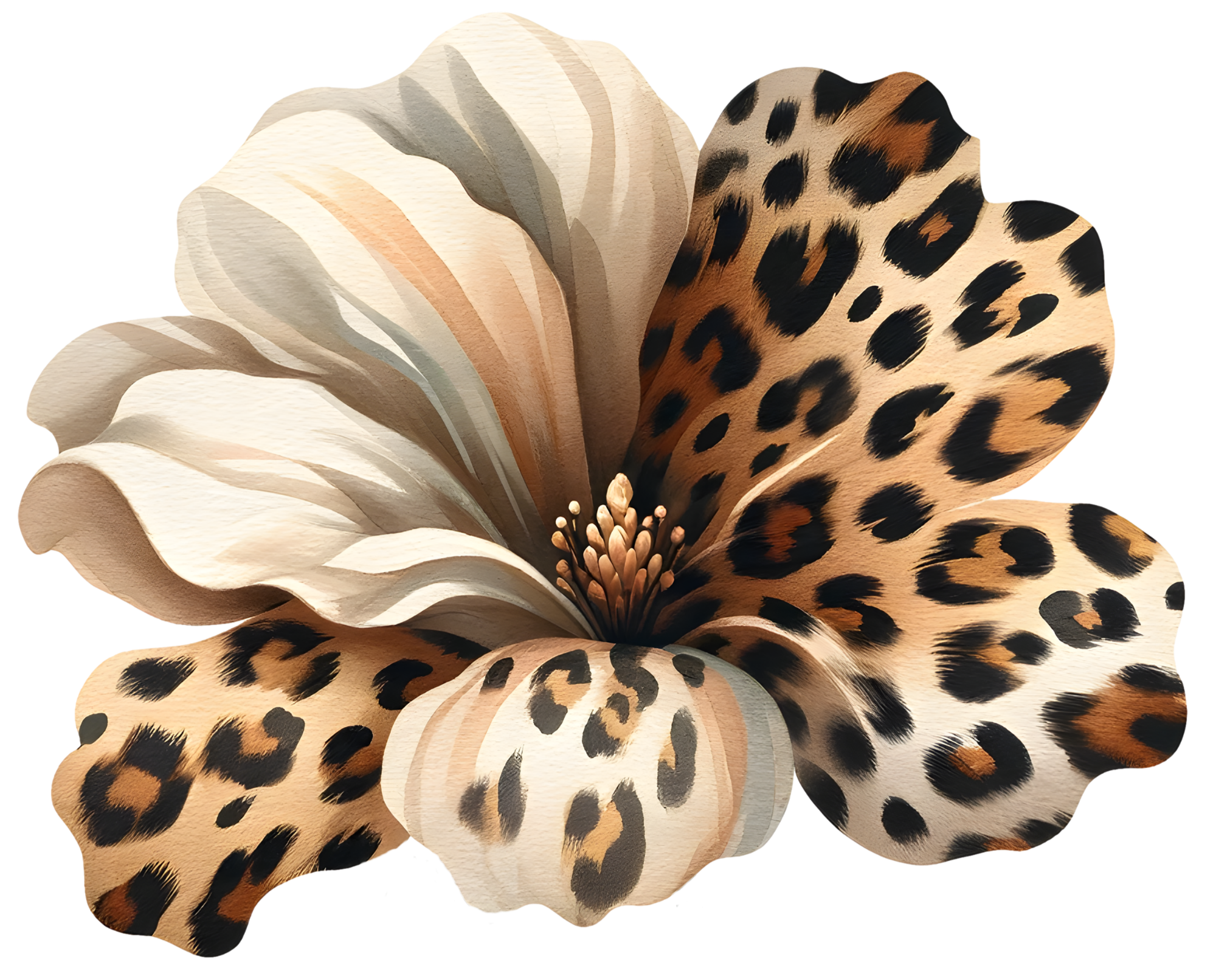 Close-up of a realistic artificial flower with beige and cream-colored petals on the left, and a leopard print pattern on the right, resembling exotic flowers.