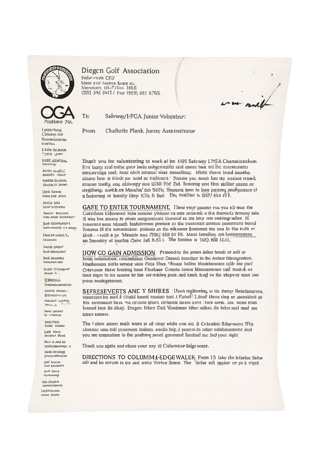 Volunteer credential from the 1997 Safeway LPGA Championship at Columbia-Edgewater Country Club, representing the early golf experiences that influenced the founding vision of Maplebrook Golf Partners.