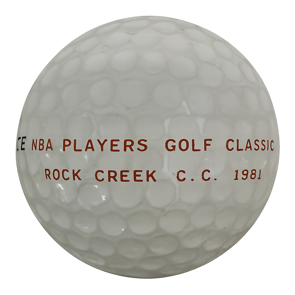 Golf ball with red text reading 'NBA Players Golf Classic Rock Creek C.C. 1981'.