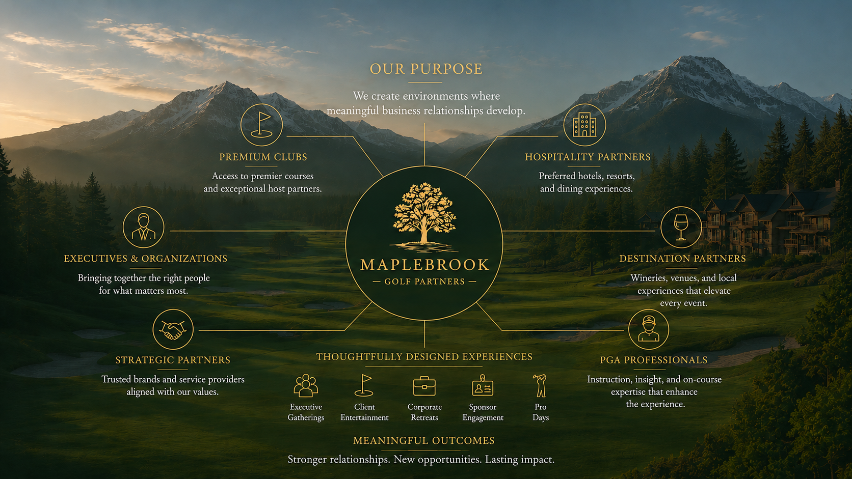 The Maplebrook Model showing how executives, premium clubs, hospitality partners, destination partners, PGA professionals, and strategic partners connect.