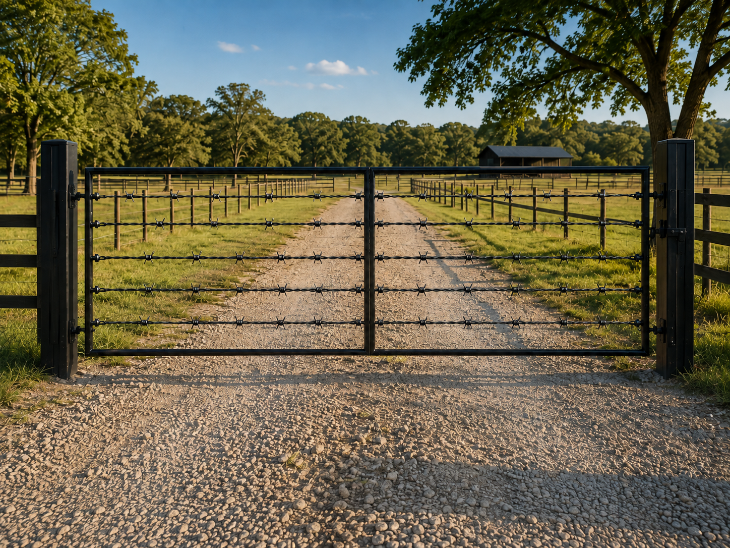 Design rendering of a straight Barbed Wire Gate without a center insert, featuring barbed-wire horizontal details