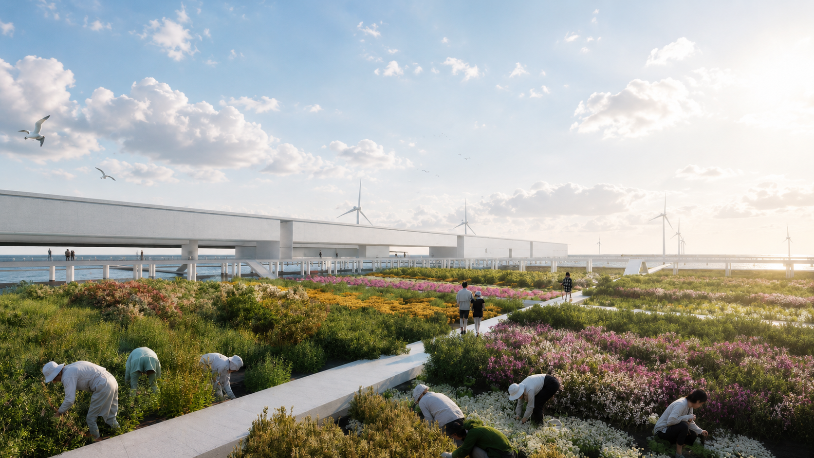 Saltwater Meadow - Productive salt marshes growing halophyte crops that introduce visitors to the future of coastal food production.