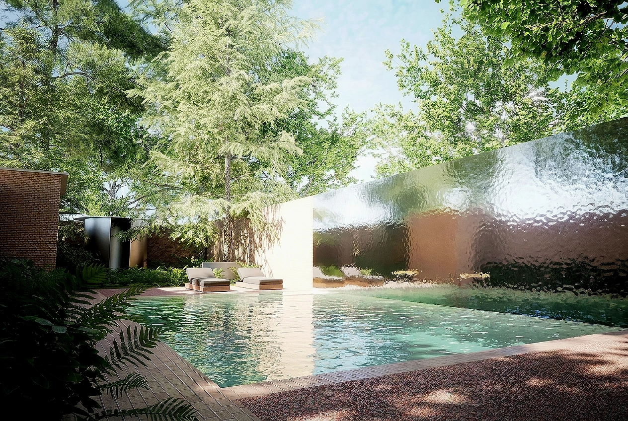 Thermal Pool / Revive Room - A calm immersion pool and hot tub designed for hydrotherapy, relaxation, gentle movement, and sensory restoration throughout the seasons.