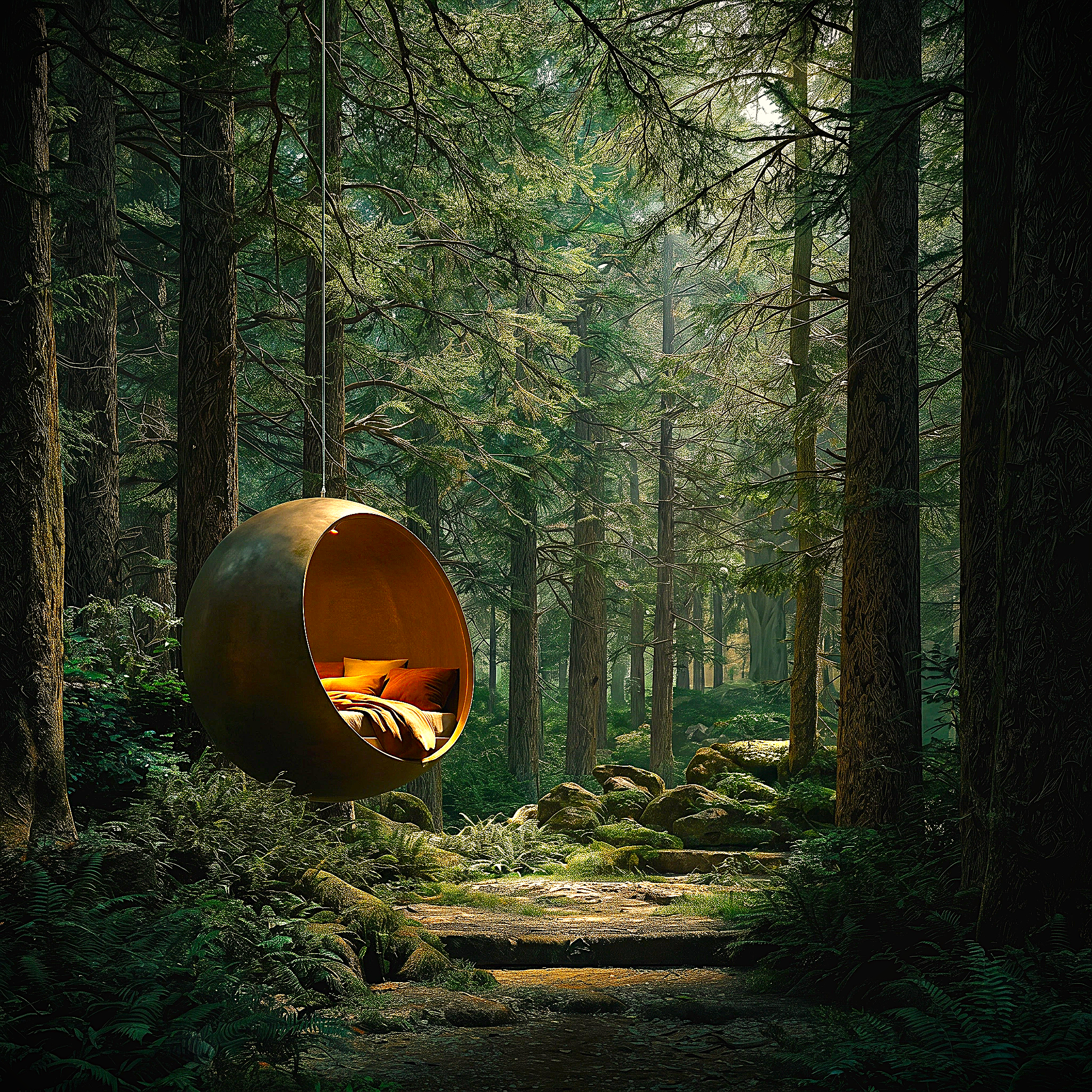 Nests - Suspended amongst the trees, secluded nests gently move with the forest, offering shifting views and a unique perspective of the woodland canopy.