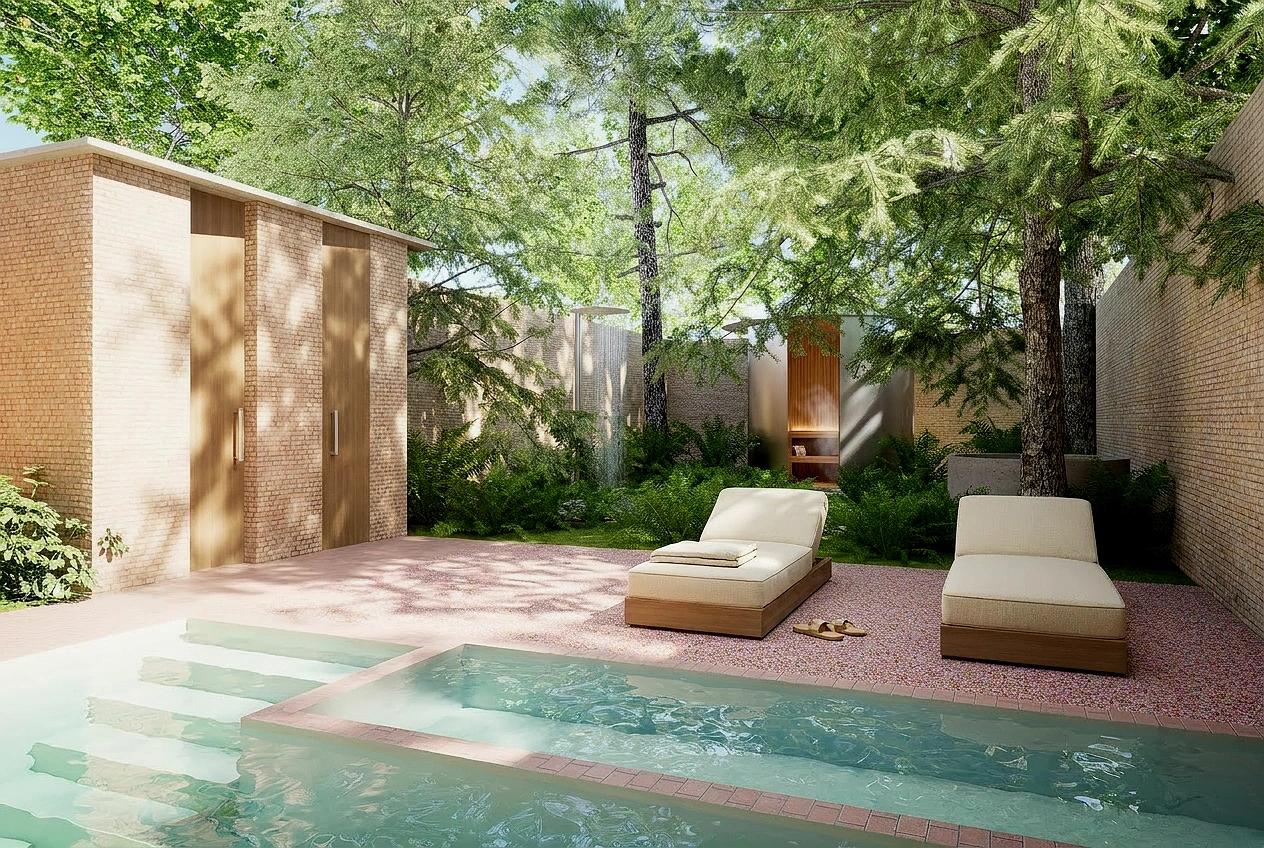 Restoration Terrace - A shaded terrace positioned between the pool and spa wellness zones, offering a place to pause, recover, and reflect between activities.