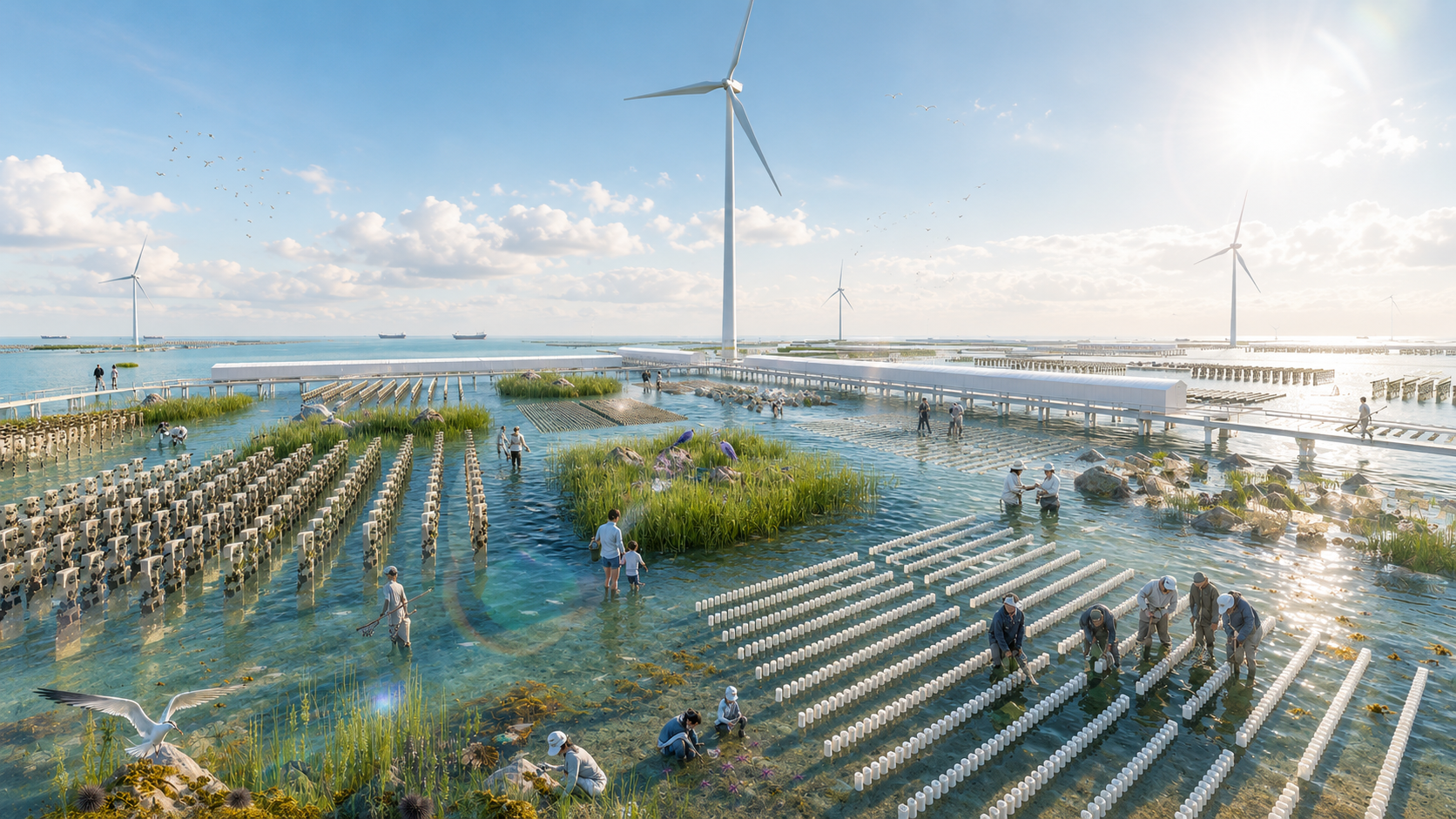 Intertidal Gardens - Oyster forest, shellfish reefs, and seagrass meadows revealed by the changing tides.