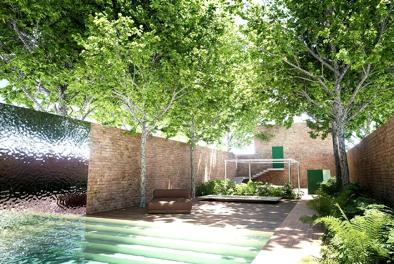 Reflection Grove - a shaded retreat overlooking the wellness pool, designed for quiet reflection and mental restoration. Dappled light, flowing water, birdsong, and textured gravel create a calming sensory environment that encourages connection with 