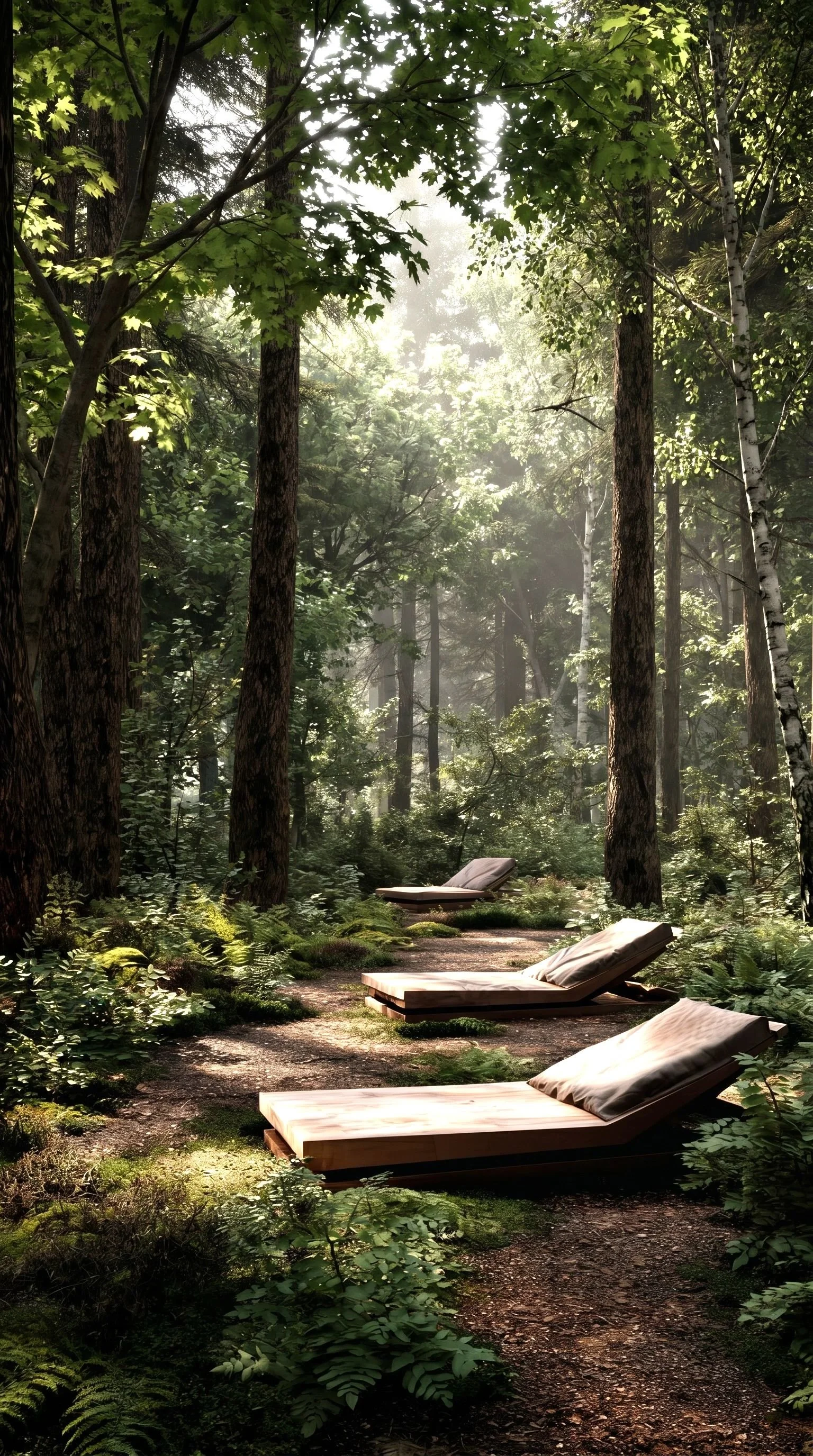 Forest Bathing Lounge - Pause beneath the trees to slow your breathing and experience the restorative atmosphere of the forest.