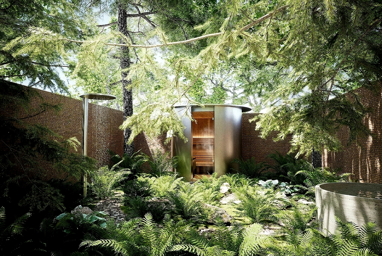Reset room with outdoor shower, sauna a cold plunge connected with a looping reflexology path, set within an evergreen woodland palette.