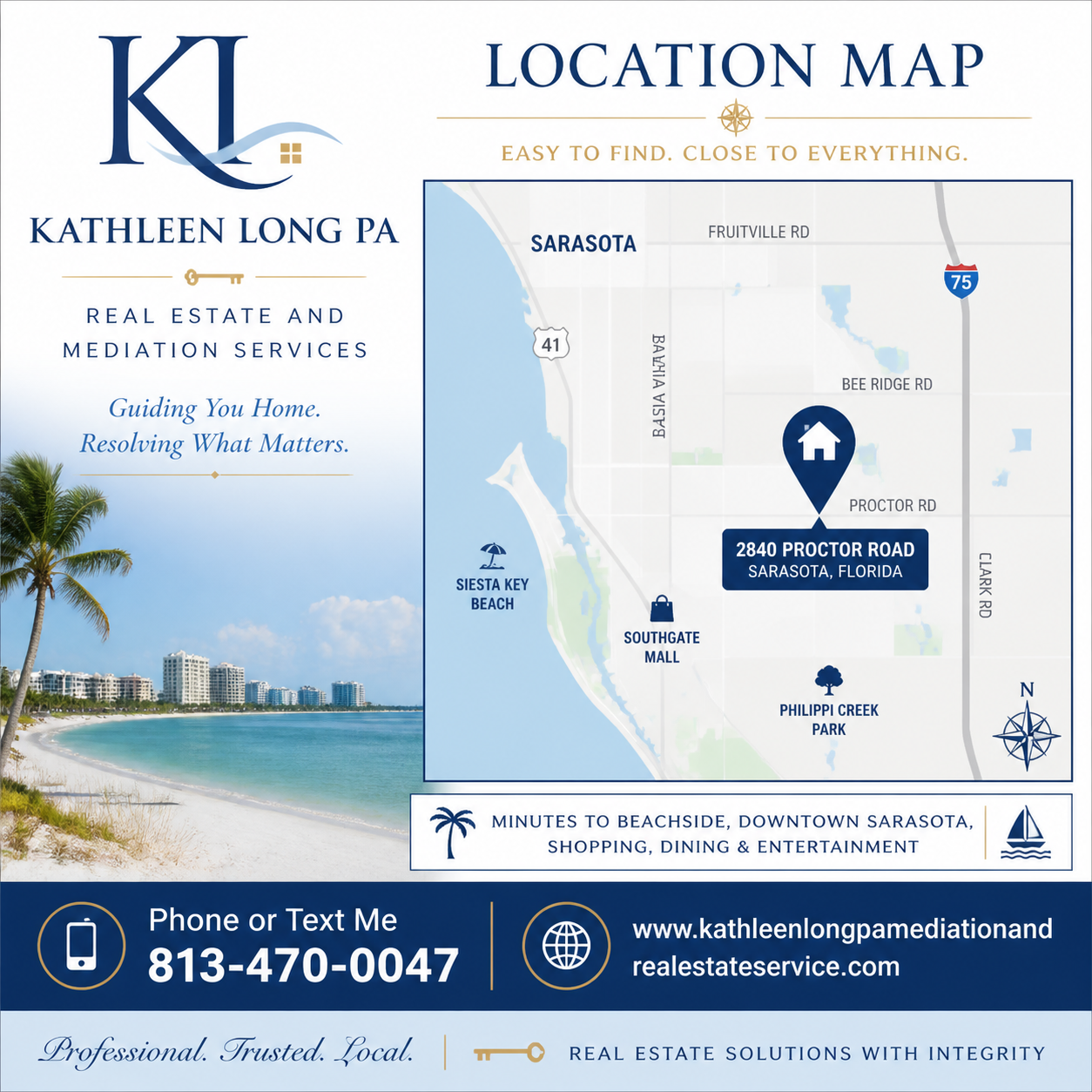 A real estate and mediation services advertisement for Kathleen Long PA in Sarasota, Florida. Includes a location map highlighting key landmarks like Siesta Key Beach, Southgate Mall, and Phillippi Creek Park. Features a beach scene with palm trees and city buildings, contact information, and a slogan, "Easy to find. Close to everything."