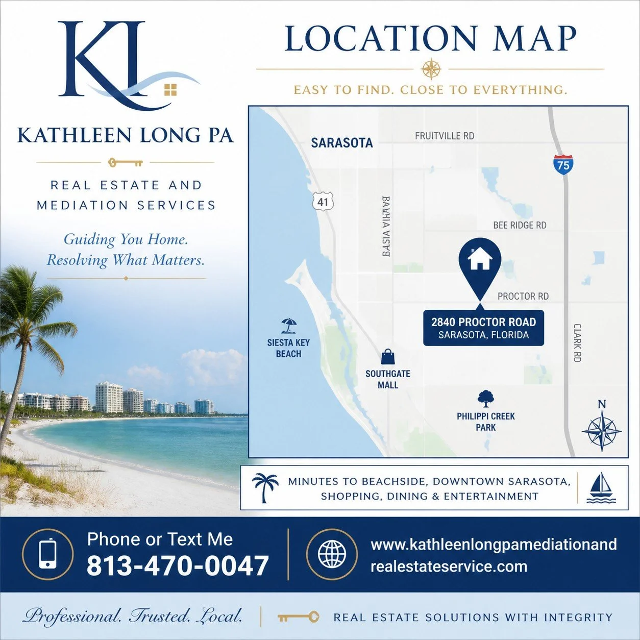 Business card or promotional graphic for Kathleen Long PA, a real estate and mediation services company in Sarasota, Florida. Features a location map highlighting 2840 Proctor Road, nearby landmarks like Siesta Key Beach, Southgate Mall, and Phillippi Creek Park. Includes contact info, a website, and branding elements with a beach scene at the bottom.