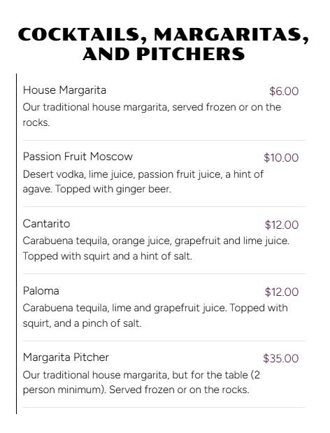 Menu listing different cocktails, margaritas, and pitchers with descriptions and prices