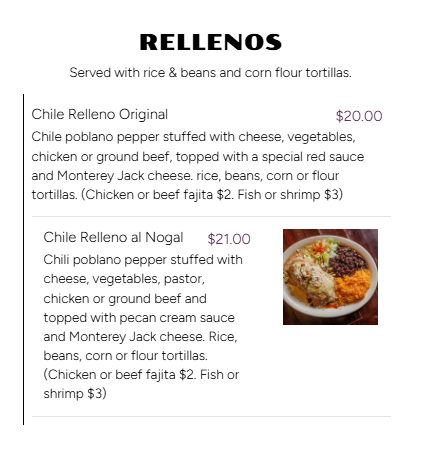 Menu listing two Chile relleno dishes with descriptions and prices, featuring a small image of one dish with rice, beans, and cheese.