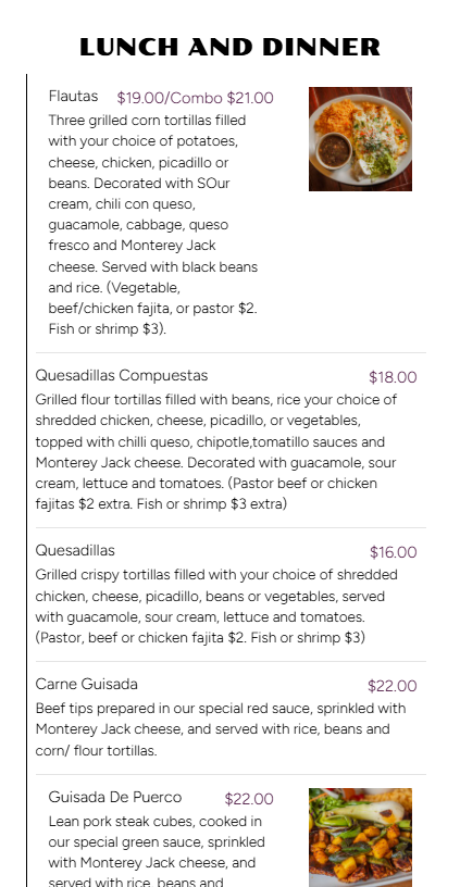 Menu listing various Latin American dishes with descriptions and prices, including Flautas, Quesadillas Compuestas, Quesadillas, Carne Guisada, and Guisada De Puerco, with images of dishes on the menu.