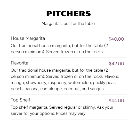 Menu listing different margarita options with prices, including House Margarita, Flavorita, and Top Shelf Margarita.