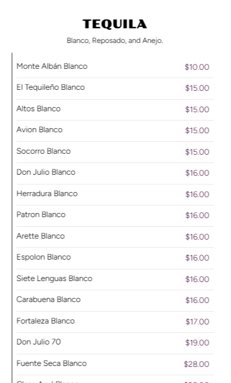 A menu listing different types of tequila, including Blanco, Reposado, and Añejo, with prices ranging from $10 to $28.