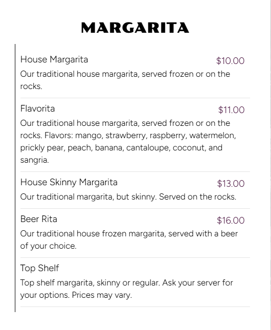 Menu list of margaritas with five options including House Margarita, Flavorita, House Skinny Margarita, Beer Rita, and Top Shelf, with prices and descriptions.