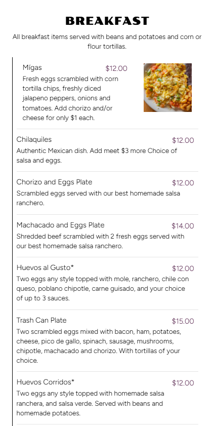 Breakfast menu listing various dishes with prices and descriptions, including Migas, Chilaquiles, Chorizo and Eggs Plate, Machacado and Eggs Plate, Huevos al Gusto, Trash Can Plate, and Huevos Corridos, with a small image of scrambled eggs and vegetables.