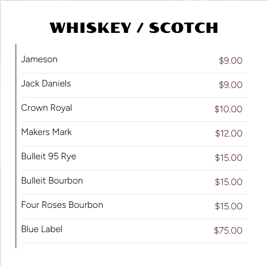 Menu listing various types of whiskey and scotch and their prices.