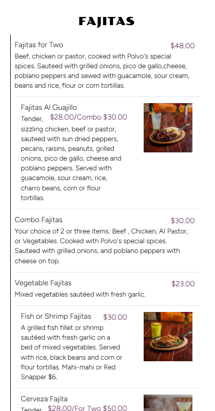 A menu listing various fajita options with descriptions and prices, featuring images of drinks and dishes.
