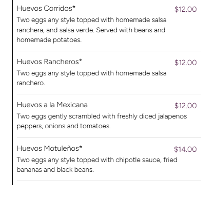 Menu listing different style eggs with descriptions and prices, including Huevos Corridos, Huevos Rancheros, Huevos a la Mexicana, and Huevos Motuleños.