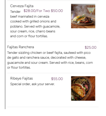Menu listing different types of fajitas with a small image in the top right corner. The menu offers Cerveza Fajita, Fajitas Ranchera, and Ribeye Fajitas with prices and descriptions.
