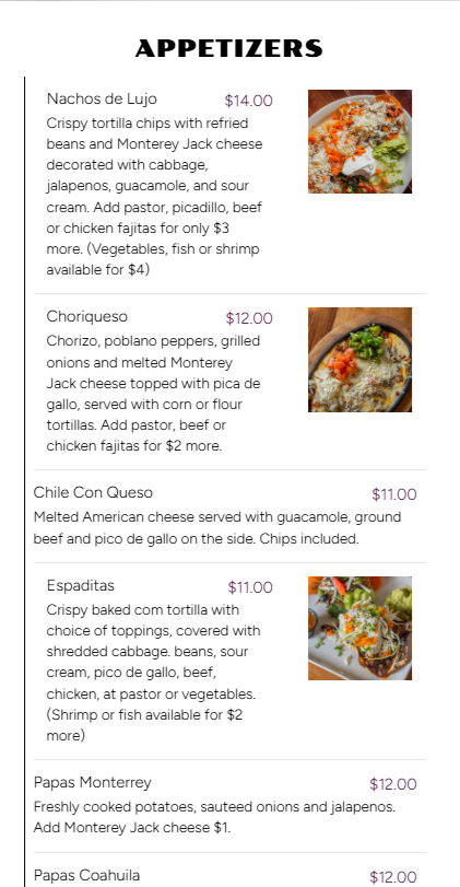 Menu titled 'Appetizers' listing dishes such as Nachos de Lujo, Choriqueso, Chile Con Queso, Espaditas, Papas Monterrey, and Papas Coahuila, with descriptions and prices. Four pictures of appetizer plates are included.