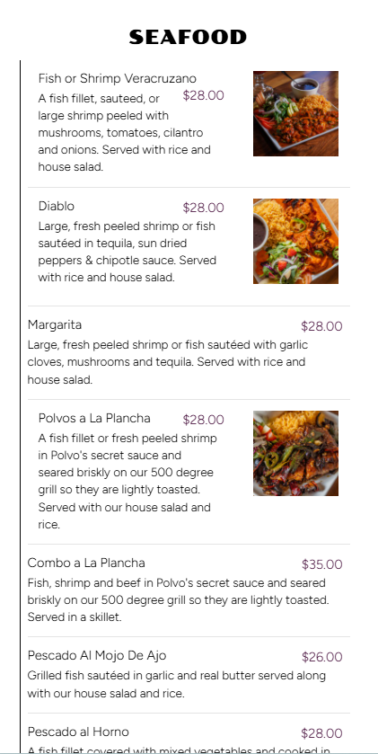 Menu of seafood dishes including Fish or Shrimp Veracruzano, Diablo, Margarita, Polvos A La Plancha, Combo A La Plancha, Pescado Al Mojo De Ajo, and Pescado al Horno, with prices and descriptions.