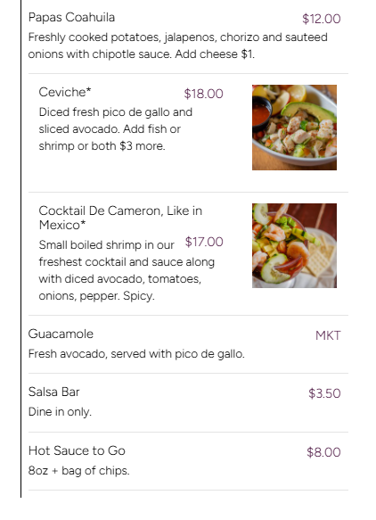 Restaurant menu listing various dishes including papas coahuila, ceviche, cocktail de cameron, guacamole, salsa bar, hot sauce to go, with prices and two small images of ceviche and shrimp cocktail.