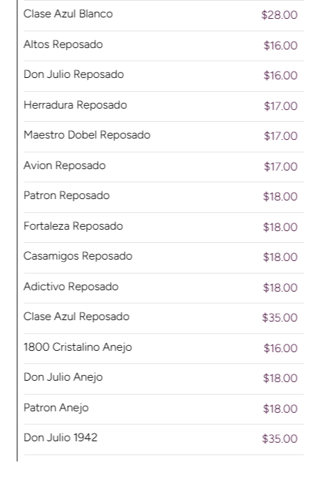 A list of cigar brands and prices, including Clase Azul Blanco, Altos Reposado, Don Julio Reposado, Herradura Reposado, Maestro Dobel Reposado, Avion Reposado, Patron Reposado, Fortaleza Reposado, Casamigos Reposado, Adictivo Reposado, Clase Azul Reposado, 1800 Cristalino Anejo, Don Julio Anejo, Patron Anejo, and Don Julio 1942.