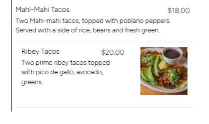 Menu listing Mahi-Mahi Tacos for $18 and Ribeye Tacos for $20, with a small image of a taco plate with sides.