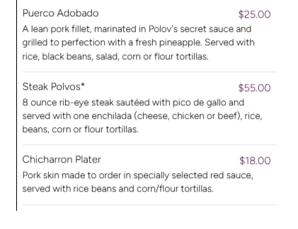 Menu with Puerco Adobado ($25), Steak Polvos ($55), and Chicharron Plater ($18), listing dishes with descriptions included.