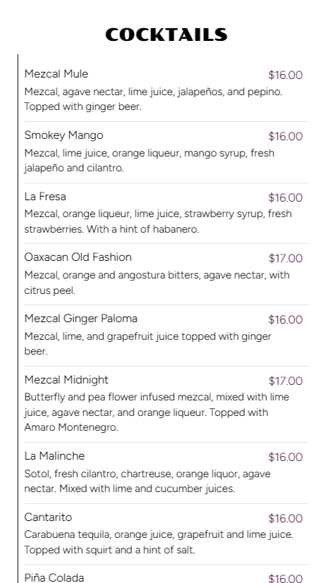 Menu listing various cocktails with their ingredients and prices.