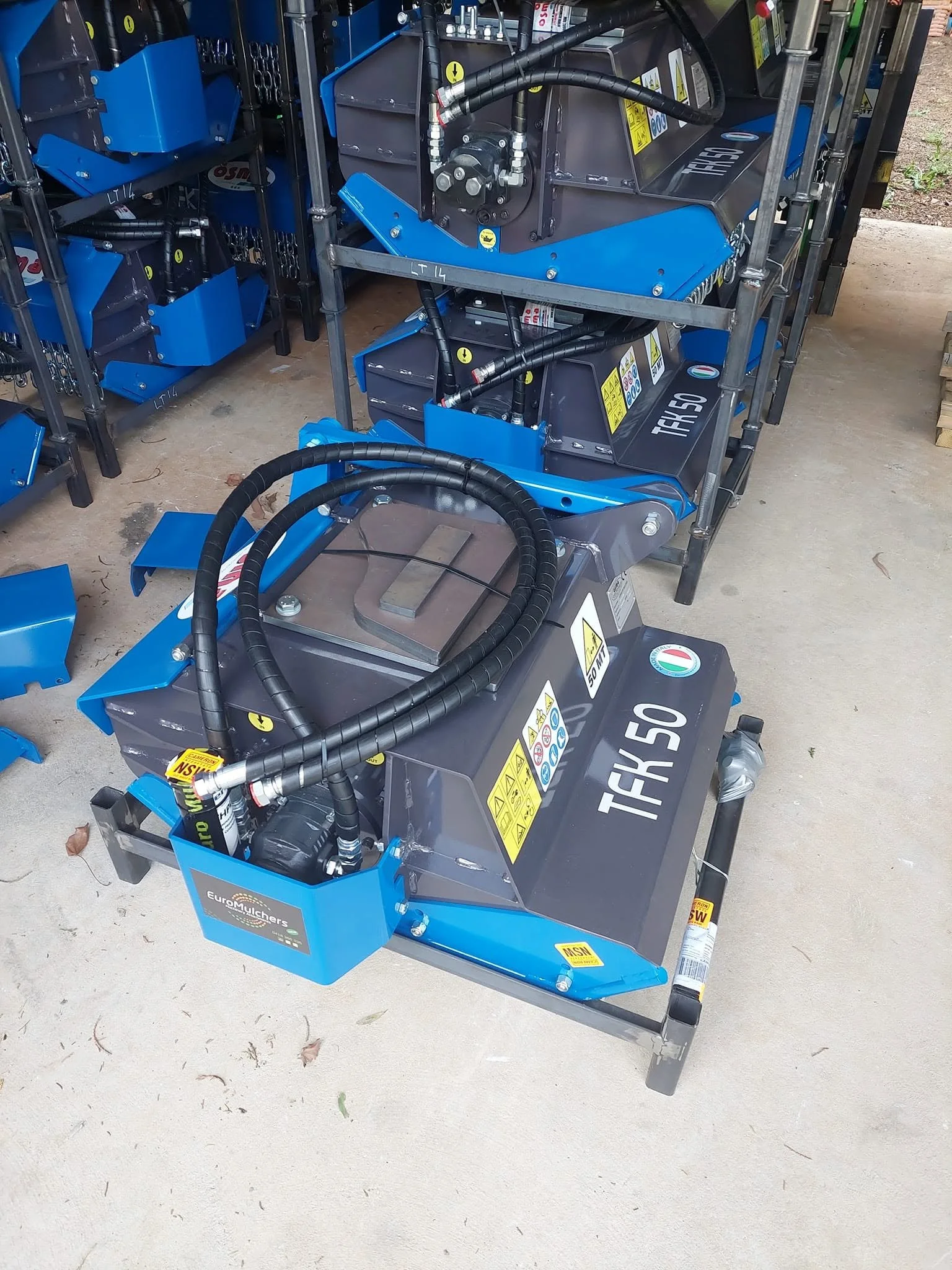 TFK forestry mulchers stored in our Yarra Valley warehouse and ready to go. High-performance mulching heads for excavators operating in demanding Australian conditions.