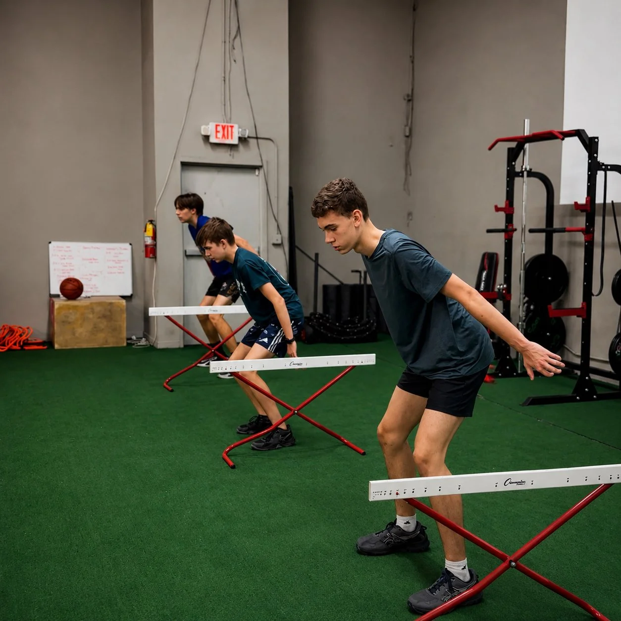Three young males performing agility drills in a gym, using a white measuring stick and a small workout bench, with gym equipment visible in the background.