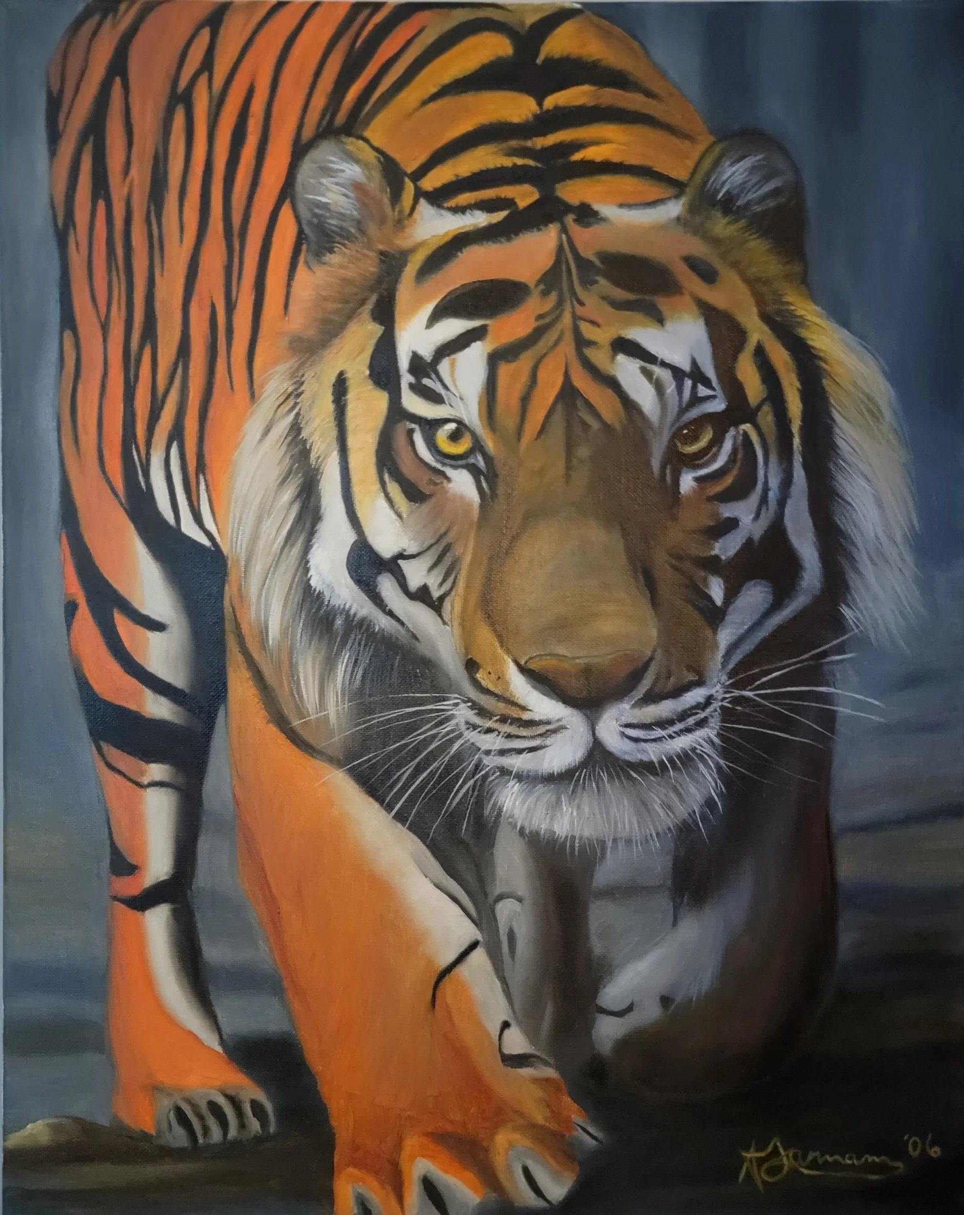 A detailed painting of a tiger with orange, black, and white fur, captured in a close-up perspective, with a dark background and artist signature in the bottom right corner.