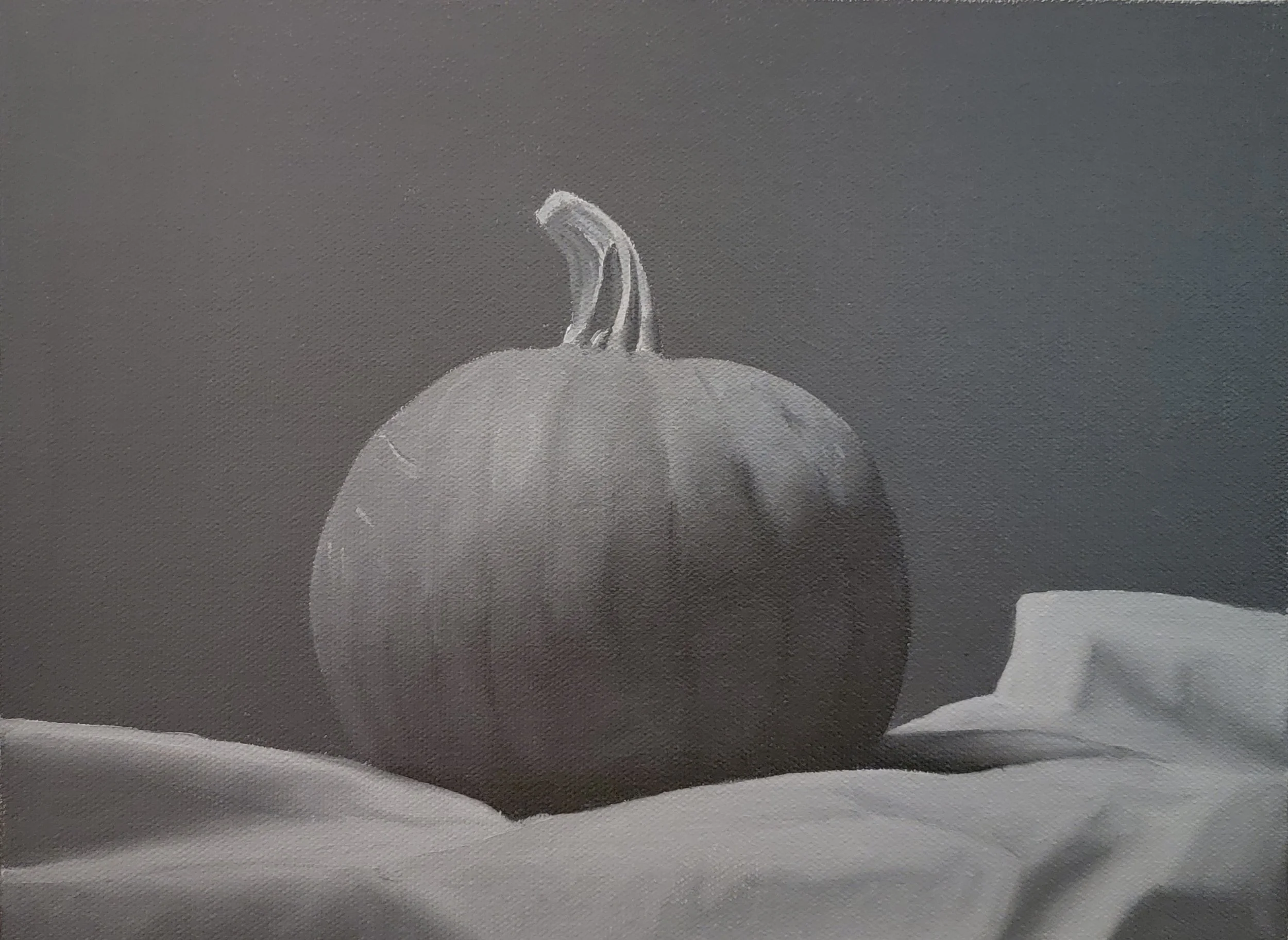 Gray scale oil painting of pumpkin from painting assignment through Evolve Artist course.