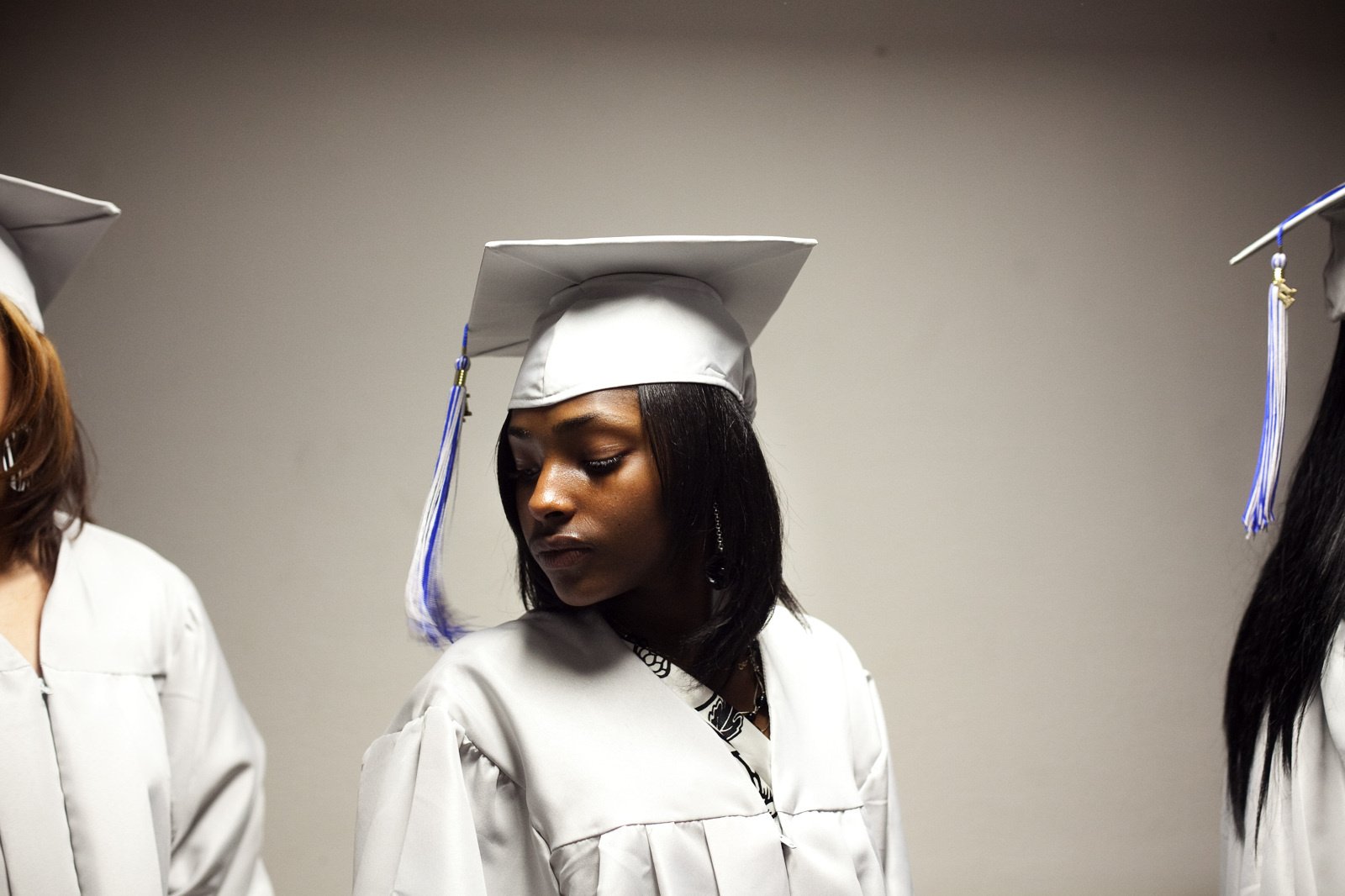 Ebony White waits to walk into the forum for Steelton-Highspire’s graduation ceremony in Hersey, Pa.