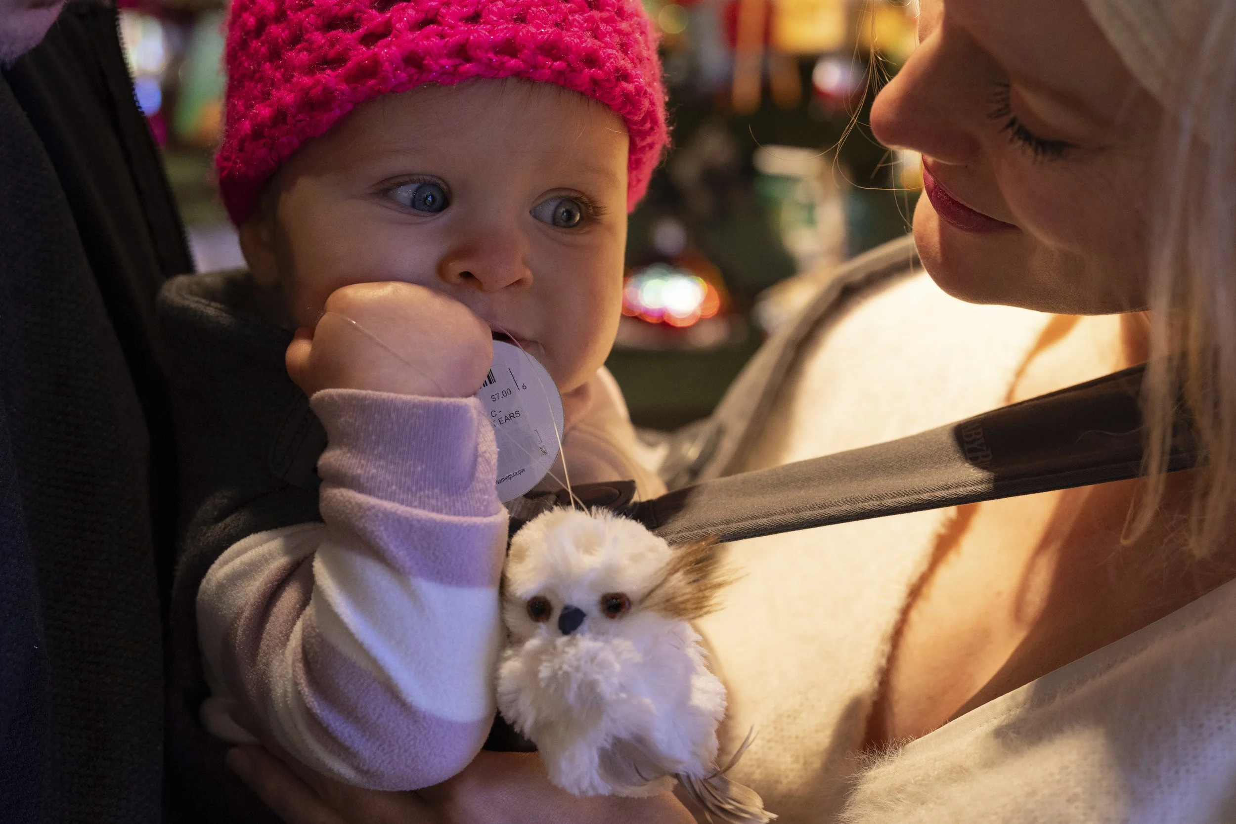 Alison Epsom looks at her 8-month-old daughter Acacia Epsom Jolly as she holds an owl ornament that she picked to be her first Christmas ornament at Kris Kringl shop on Monday, Nov. 25, 2024, in Leavenworth, Wash.
