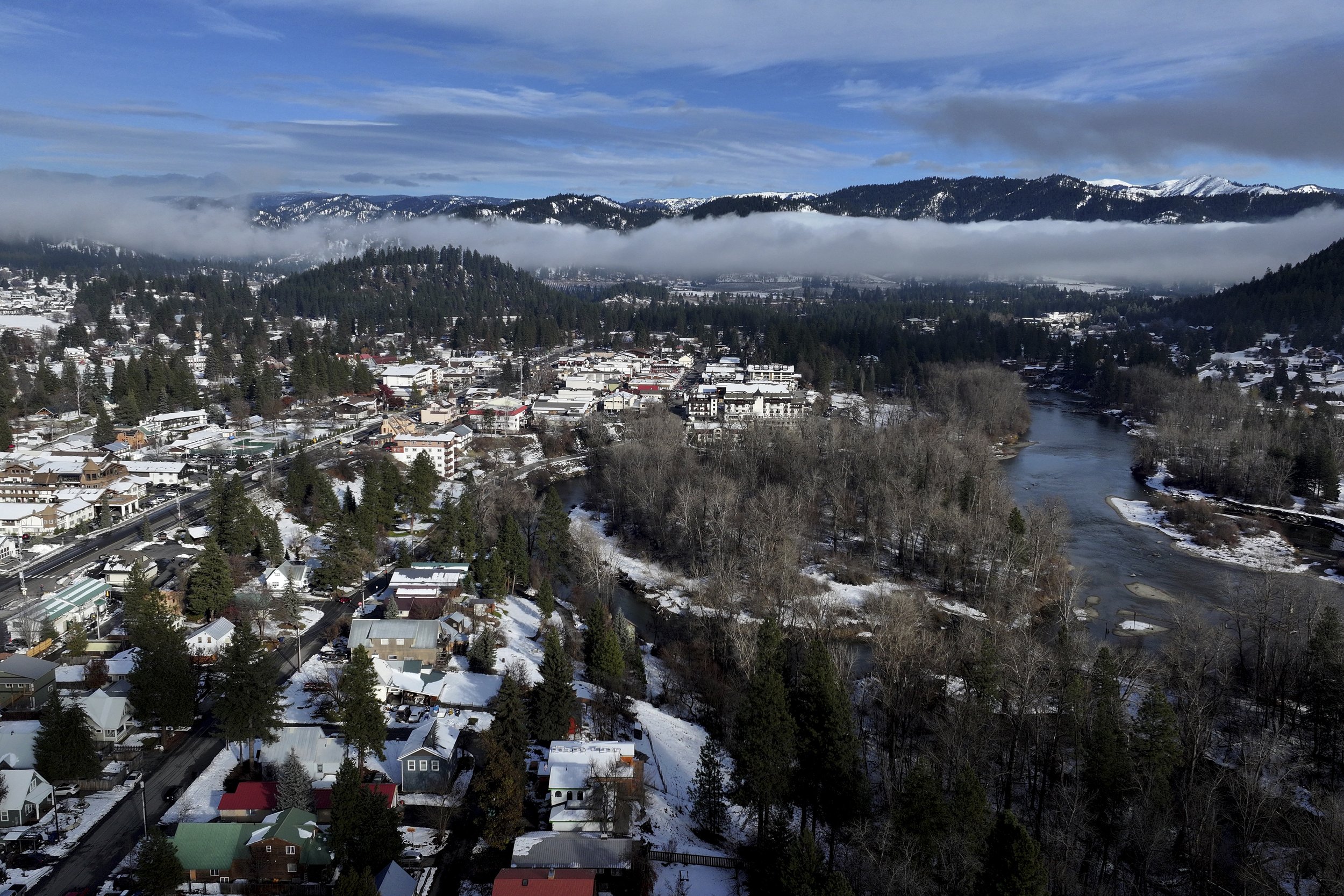 U.S. Highway 2, top left, leads to downtown Leavenworth, Wash., as the Wenatchee River runs next to Blackbird Island, center right, on Wednesday, Nov. 27, 2024. 