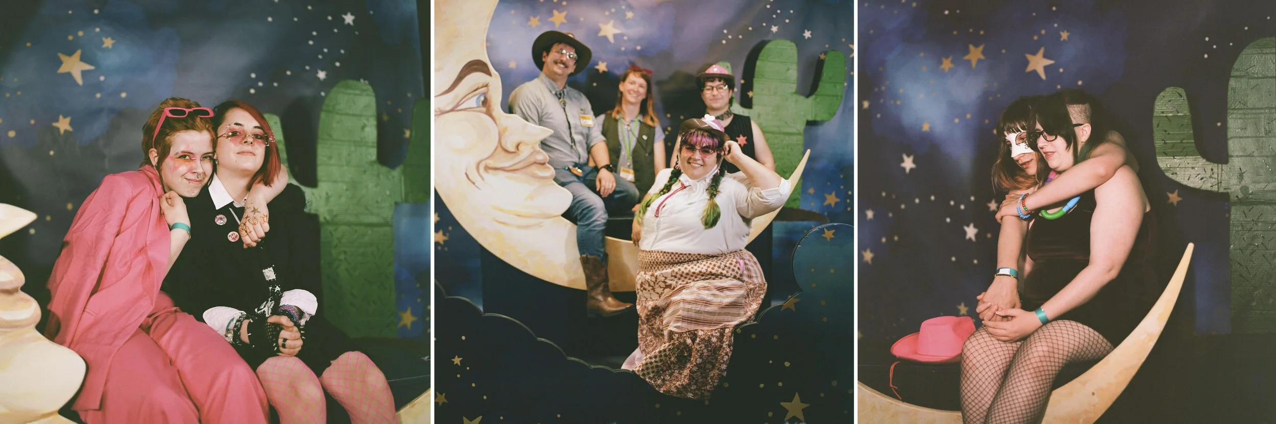 This combination of photos shows images taken with a film camera of people posing for photos during a “Pink Pony Prom” on Friday, May 30, 2025, in Portland, Ore.