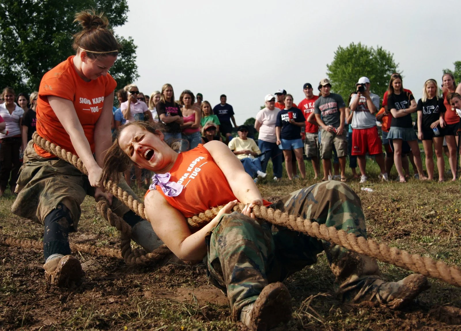Members of Sigma Kappa sorority tug team Ginny Grant, right, and Natalie Baca, participate in a tug of war event during Greek Week in Bowling Green, Ky.